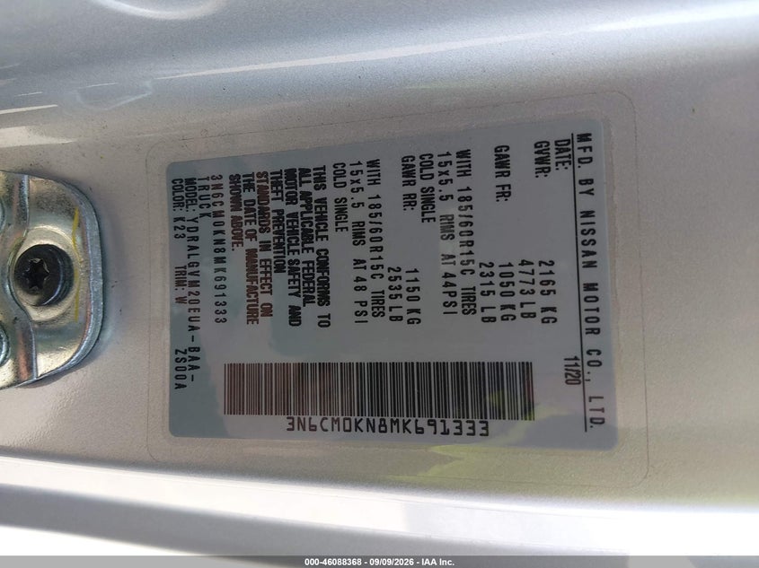 NISSAN NV200  CARGO 2021 VIN 3N6CM0KN8MK691333