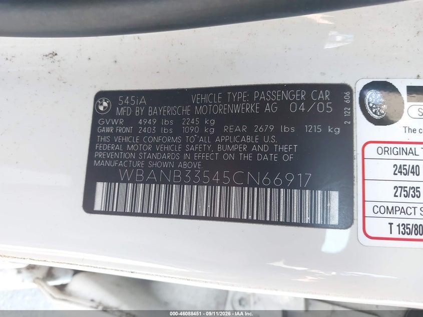 BMW 545I 2005 VIN WBANB33545CN66917