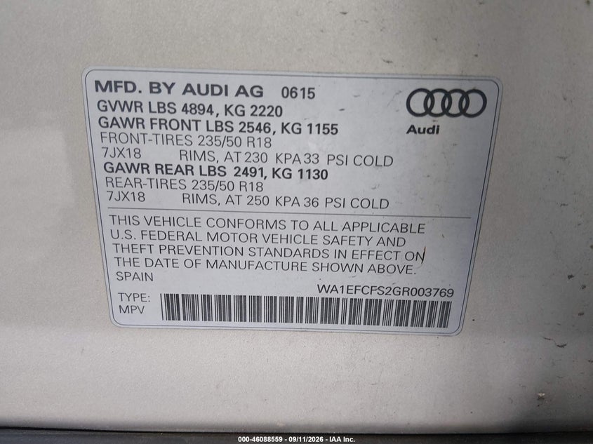 2016 AUDI Q3 SPORT UTILITY VEHICLE 2.0L I-4 DI, DOHC, VVT, TURBO, PREMIUM , 200HP