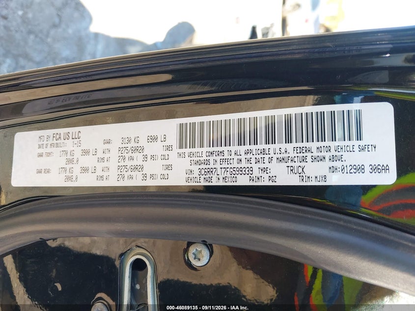 RAM 1500 2015 VIN 3C6RR7LT7FG599339