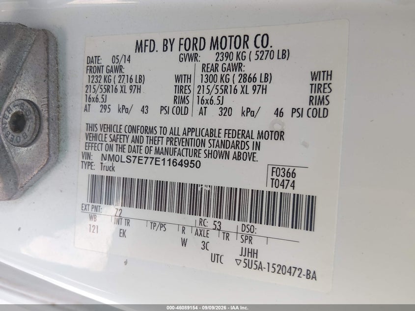 FORD TRANSIT CONNECT 2014 VIN NM0LS7E77E1164950