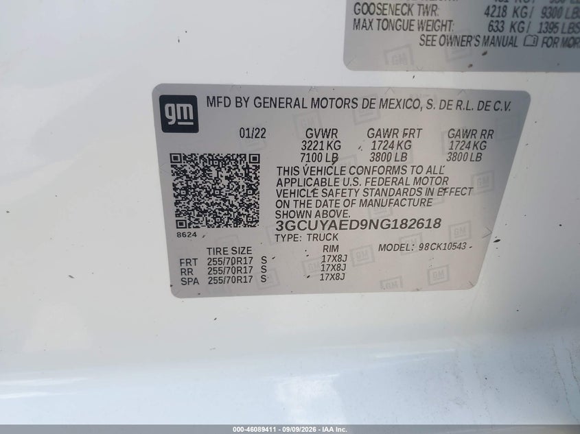 CHEVROLET SILVERADO 1500 LTD 2022 VIN 3GCUYAED9NG182618