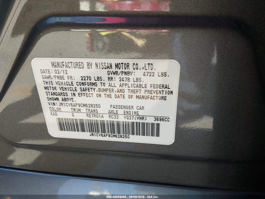 INFINITI G37 2012 VIN JN1CV6AP9CM628250