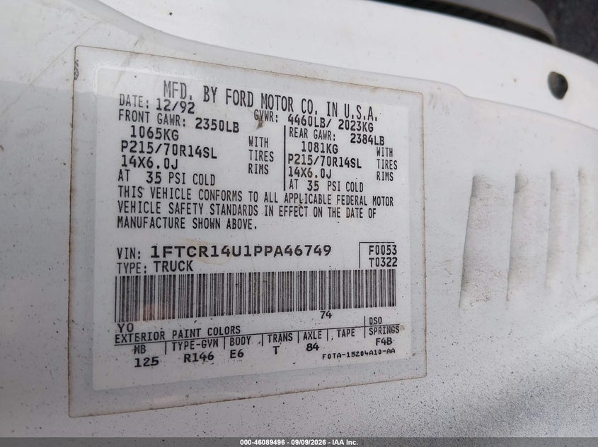 FORD RANGER 1993 VIN 1FTCR14U1PPA46749