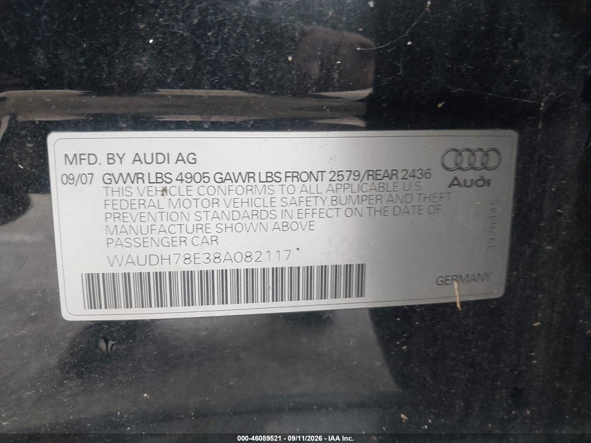 AUDI A4 2008 VIN WAUDH78E38A082117