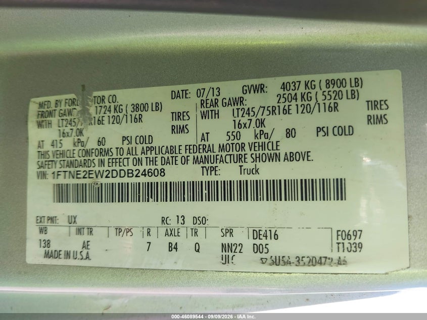 FORD E-250 2013 VIN 1FTNE2EW2DDB24608