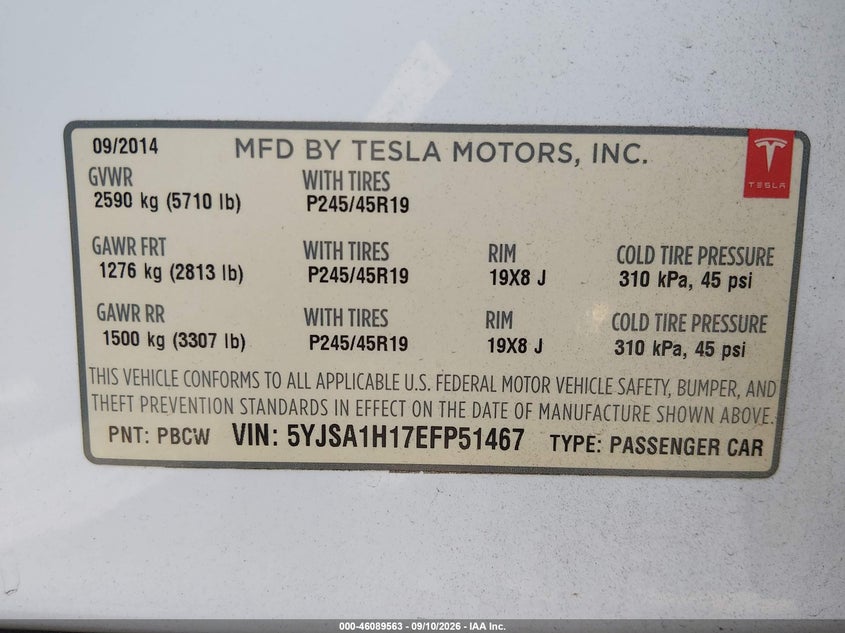TESLA MODEL S 2014 VIN 5YJSA1H17EFP51467