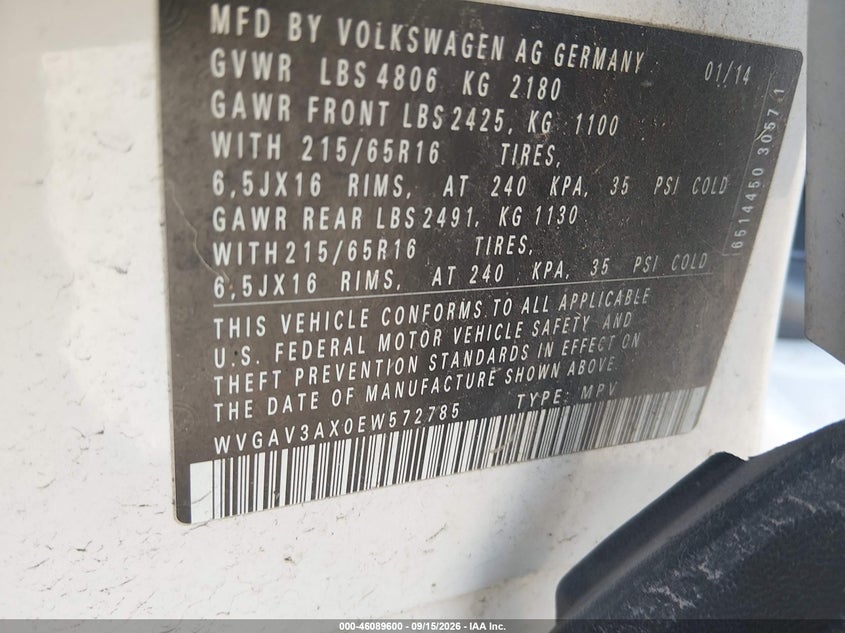 VOLKSWAGEN TIGUAN 2014 VIN WVGAV3AX0EW572785