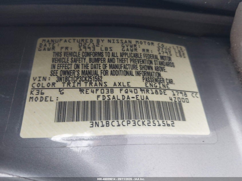 NISSAN VERSA 2012 VIN 3N1BC1CP3CK251562