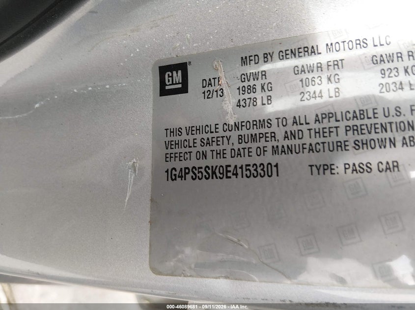 BUICK VERANO 2014 VIN 1G4PS5SK9E4153301