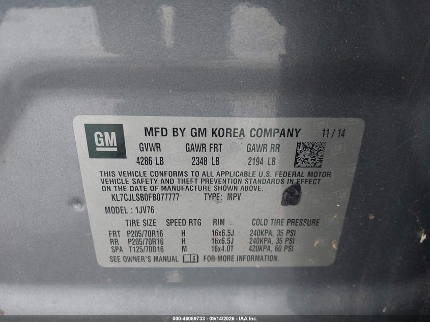 CHEVROLET TRAX 2015 VIN KL7CJLSB0FB077777