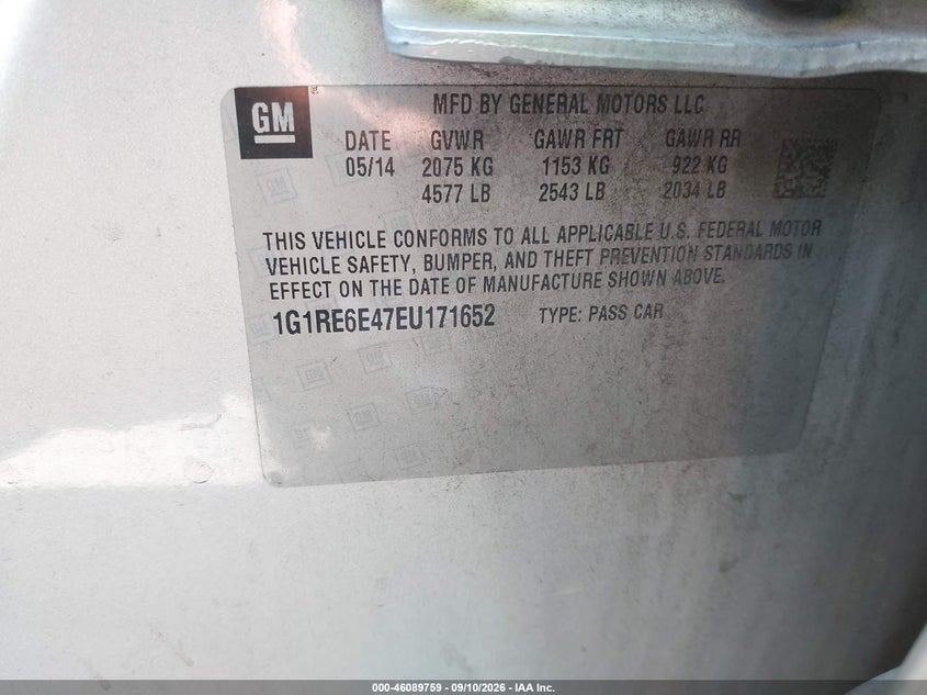 CHEVROLET VOLT 2014 VIN 1G1RE6E47EU171652