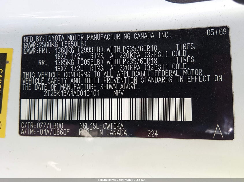 LEXUS RX 350 2010 VIN 2T2BK1BA1AC013101