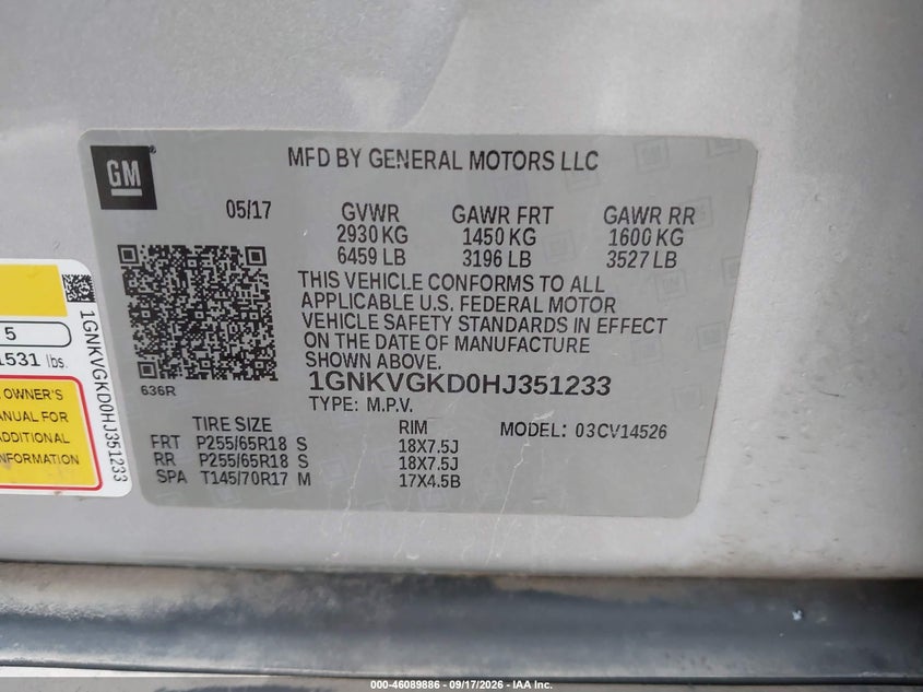 CHEVROLET TRAVERSE 2017 VIN 1GNKVGKD0HJ351233