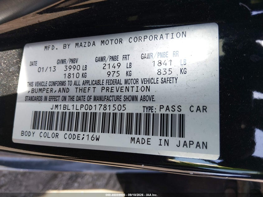 MAZDA MAZDA3 2013 VIN JM1BL1LP0D1781505