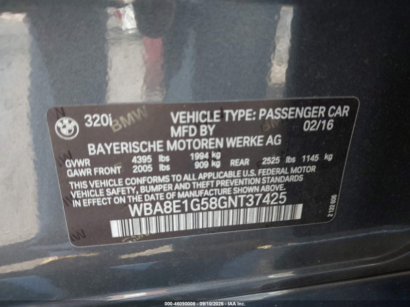 BMW 320I 2016 VIN WBA8E1G58GNT37425