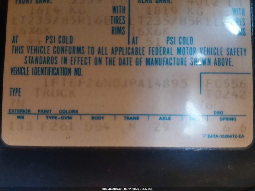 FORD F250 1988 VIN 1FTEF26N0JPA14895