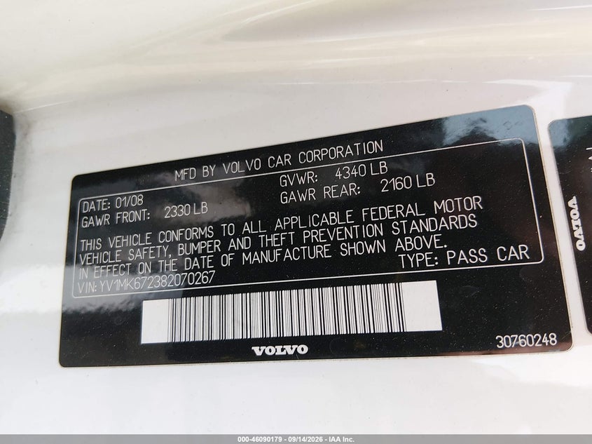 VOLVO C30 2008 VIN YV1MK672382070267