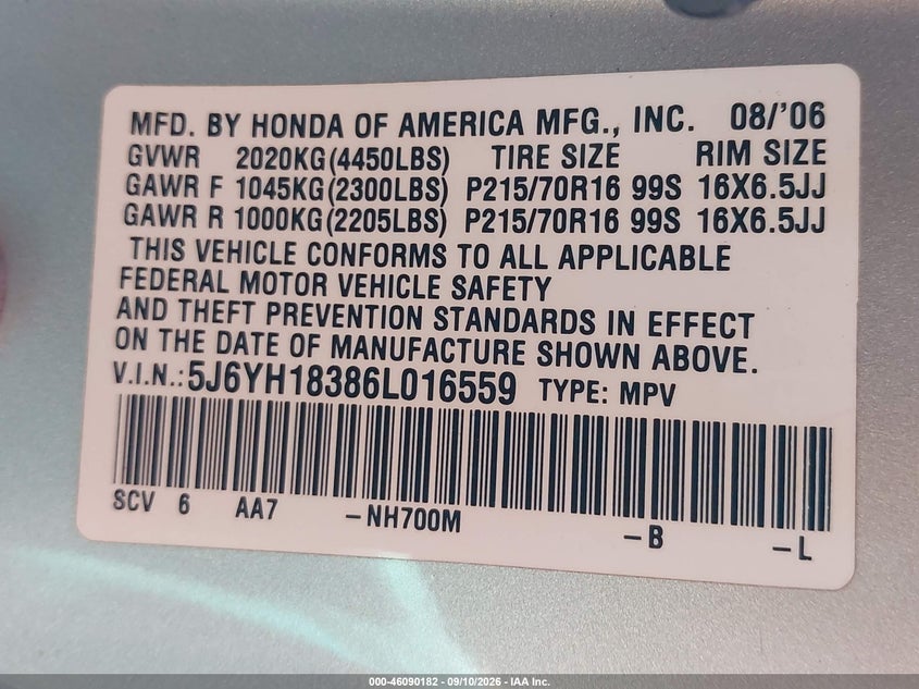 HONDA ELEMENT 2006 VIN 5J6YH18386L016559