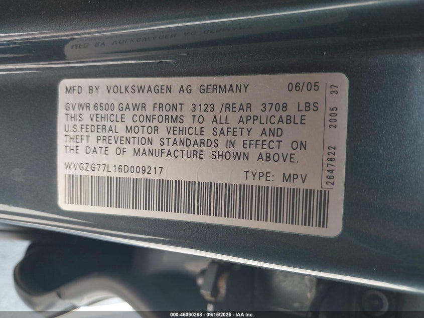VOLKSWAGEN TOUAREG 2006 VIN WVGZG77L16D009217