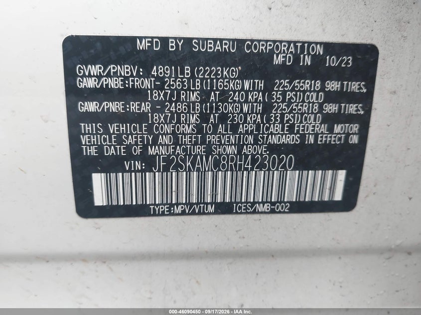 SUBARU FORESTER 2024 VIN JF2SKAMC8RH423020
