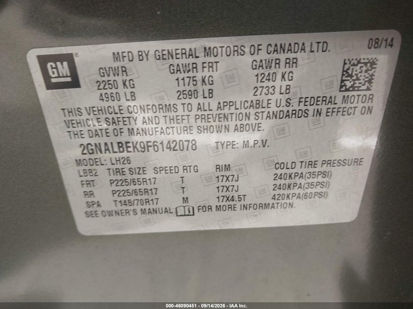 CHEVROLET EQUINOX 2015 VIN 2GNALBEK9F6142078