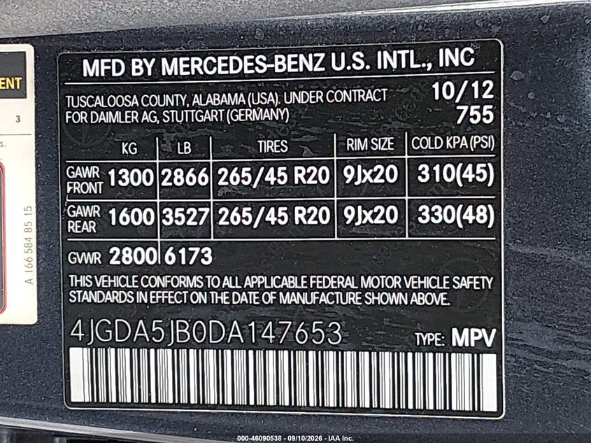 MERCEDES-BENZ ML 350 2013 VIN 4JGDA5JB0DA147653