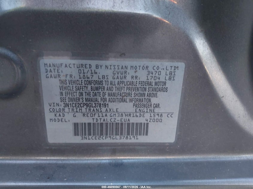 NISSAN VERSA NOTE 2016 VIN 3N1CE2CP9GL378191