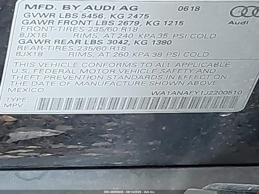 AUDI Q5 2018 VIN WA1ANAFY1J2200510