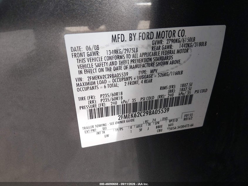 FORD FLEX 2009 VIN 2FMEK62C29BA05539