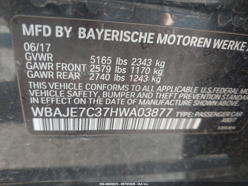 BMW 540I 2017 VIN WBAJE7C37HWA03877