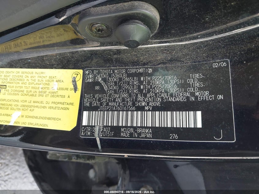 TOYOTA HIGHLANDER 2006 VIN JTEEP21A760161566