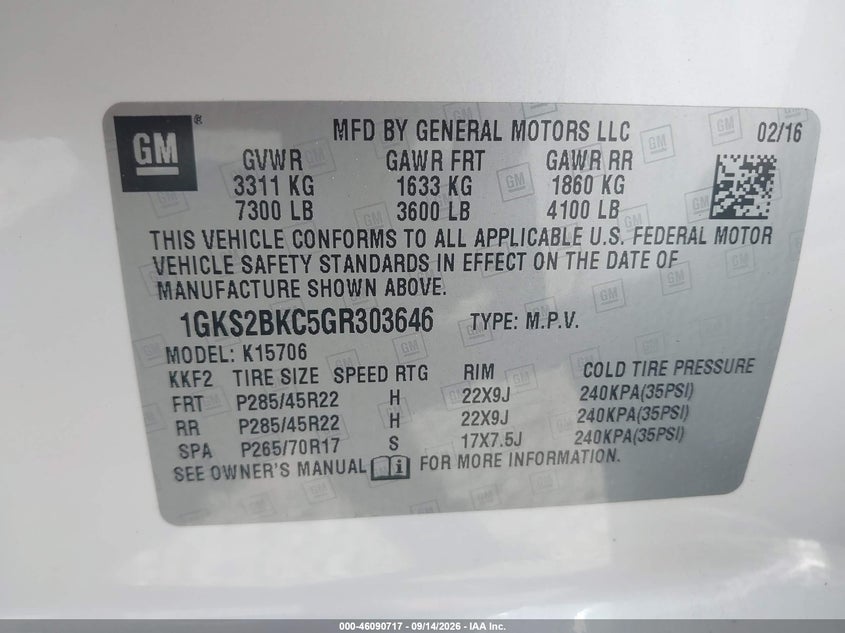 GMC YUKON 2016 VIN 1GKS2BKC5GR303646