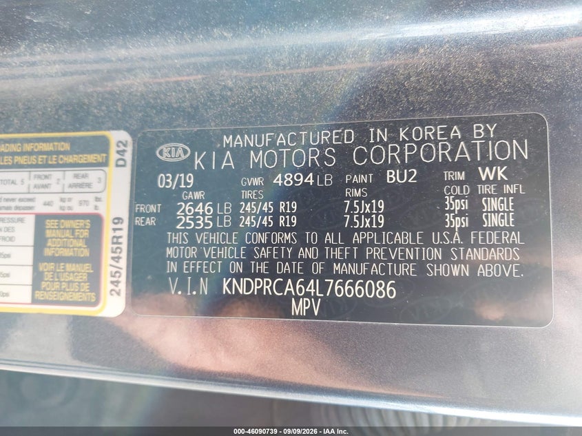 KIA SPORTAGE 2020 VIN KNDPRCA64L7666086