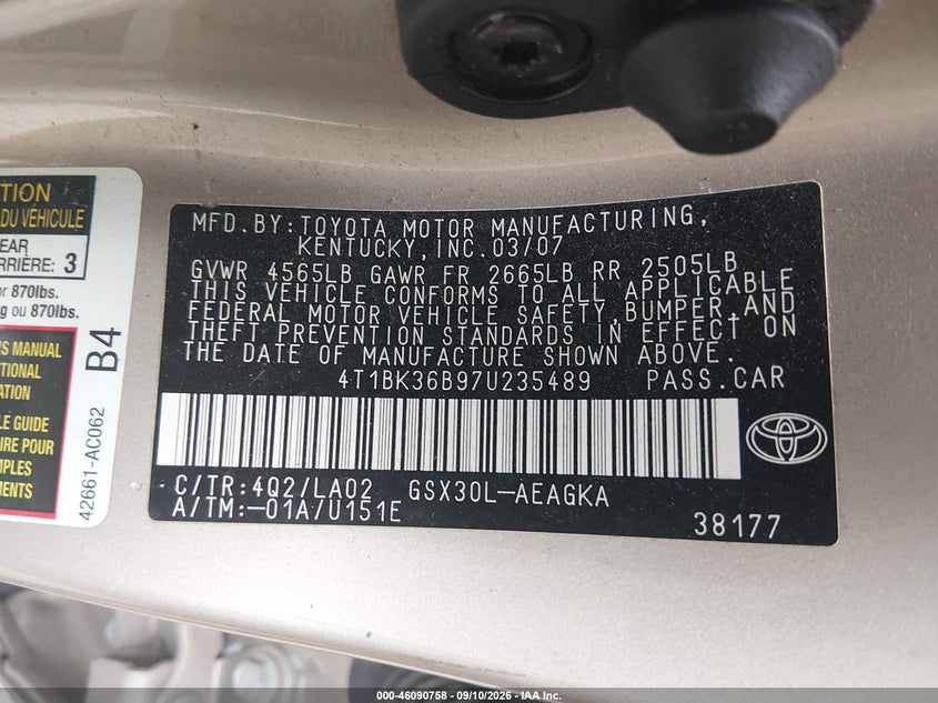 TOYOTA AVALON 2007 VIN 4T1BK36B97U235489