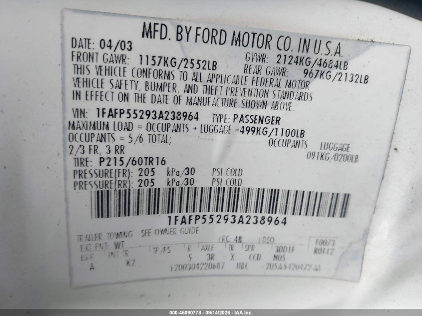 FORD TAURUS 2003 VIN 1FAFP55293A238964