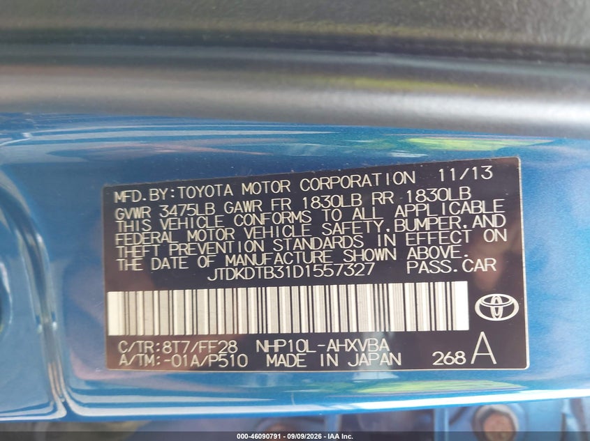 TOYOTA PRIUS C 2013 VIN JTDKDTB31D1557327