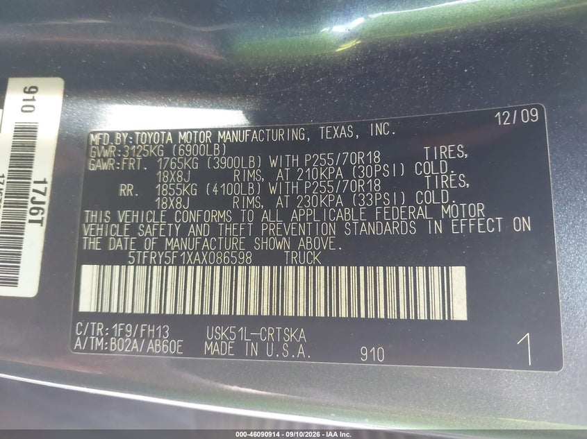 TOYOTA TUNDRA 2010 VIN 5TFRY5F1XAX086598