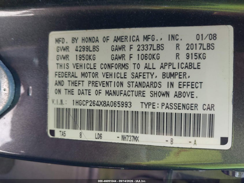 HONDA ACCORD 2008 VIN 1HGCP264X8A065993