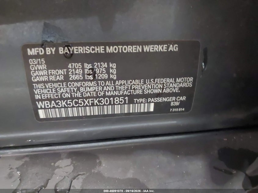 BMW 328D 2015 VIN WBA3K5C5XFK301851