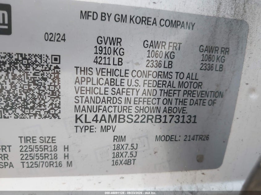 Vin: kl4ambs22rb173131, lot: 46590736, buick encore gx preferred fwd 20244