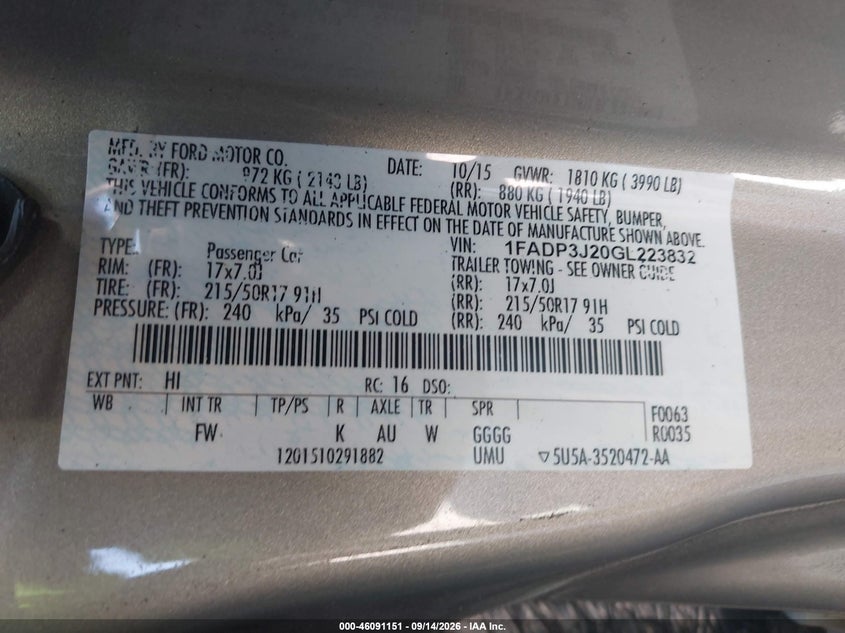 FORD FOCUS 2016 VIN 1FADP3J20GL223832