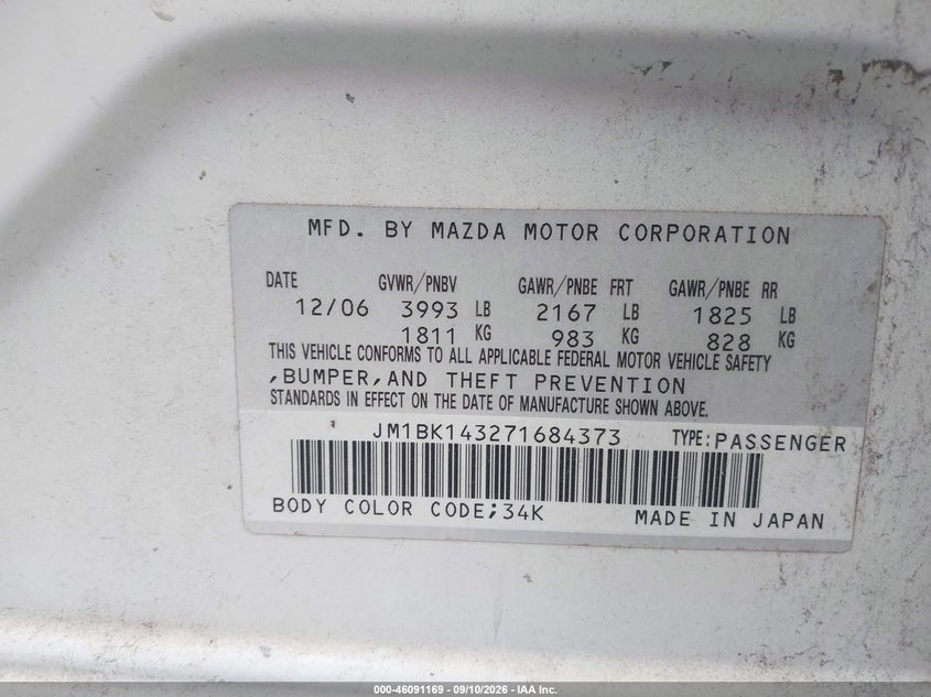 MAZDA MAZDA3 2007 VIN JM1BK143271684373