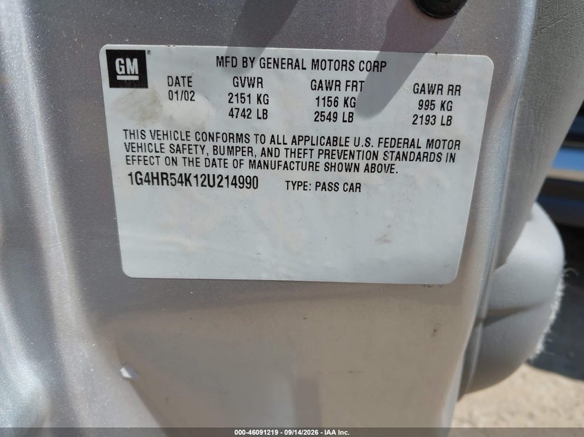 BUICK LESABRE 2002 VIN 1G4HR54K12U214990