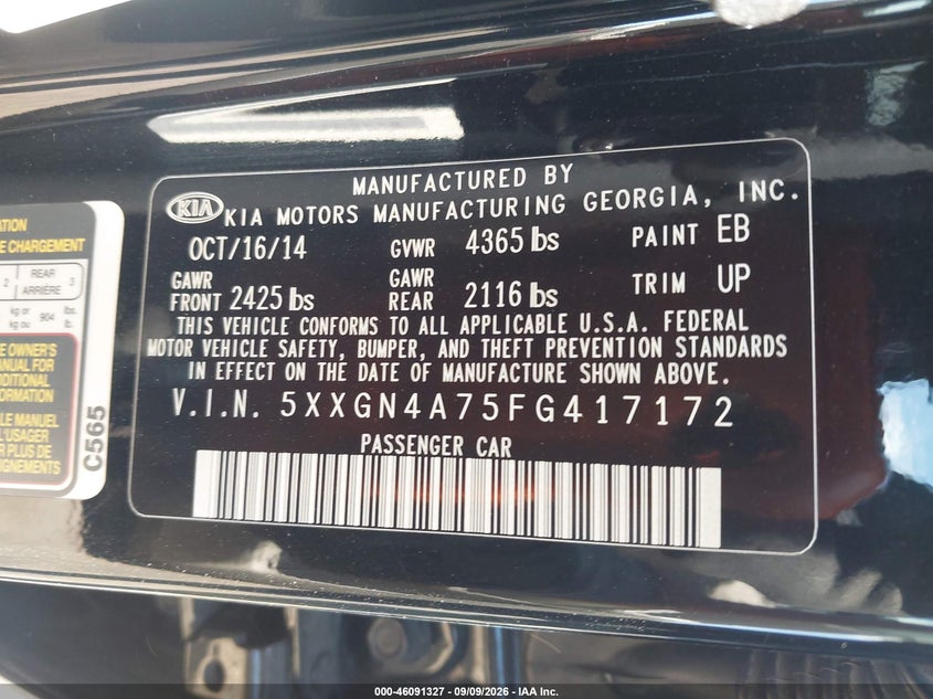 KIA OPTIMA 2015 VIN 5XXGN4A75FG417172