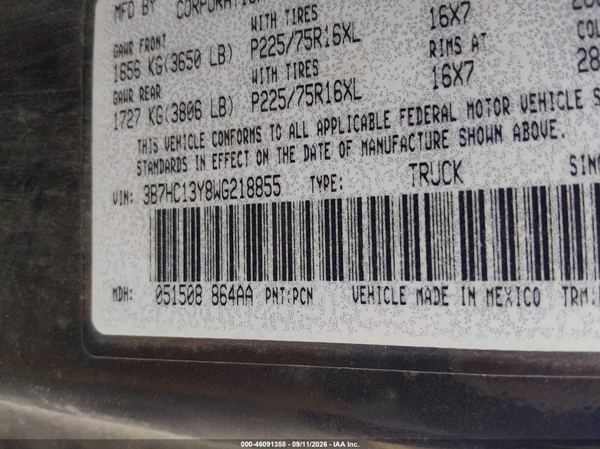 DODGE RAM 1500 1998 VIN 3B7HC13Y8WG218855