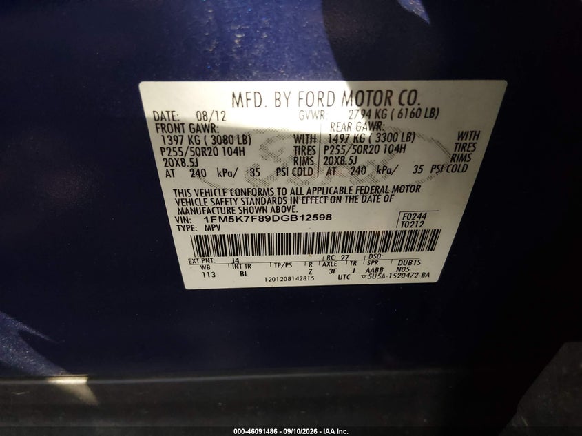 FORD EXPLORER 2013 VIN 1FM5K7F89DGB12598
