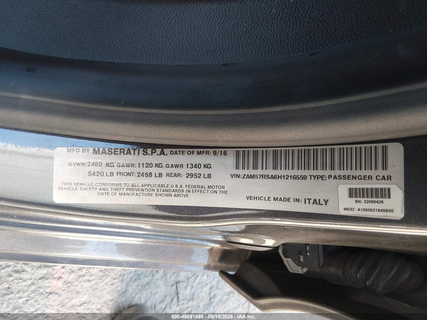 MASERATI GHIBLI 2017 VIN ZAM57RSA6H1216559
