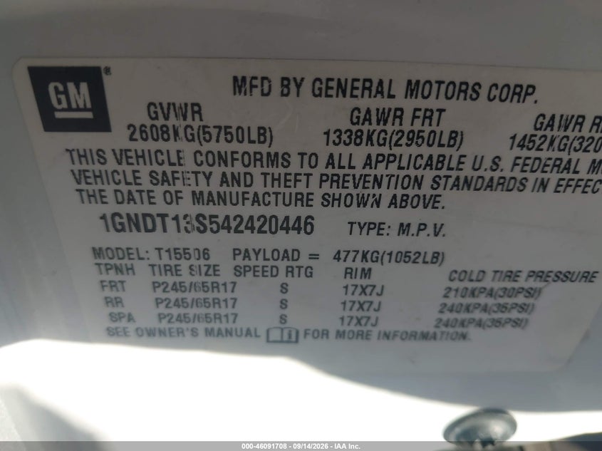 CHEVROLET TRAILBLAZER 2004 VIN 1GNDT13S542420446