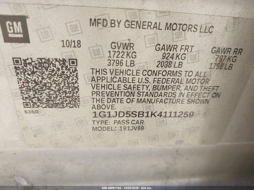 CHEVROLET SONIC 2019 VIN 1G1JD5SB1K4111259